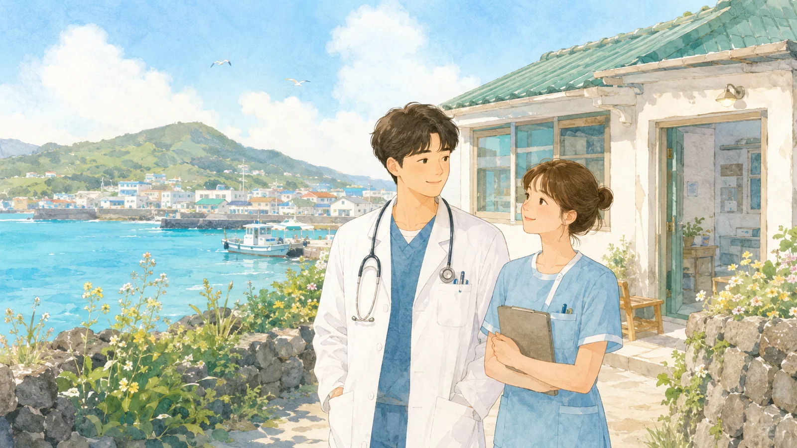 離島の診療所で働く医師と看護師のイメージイラスト